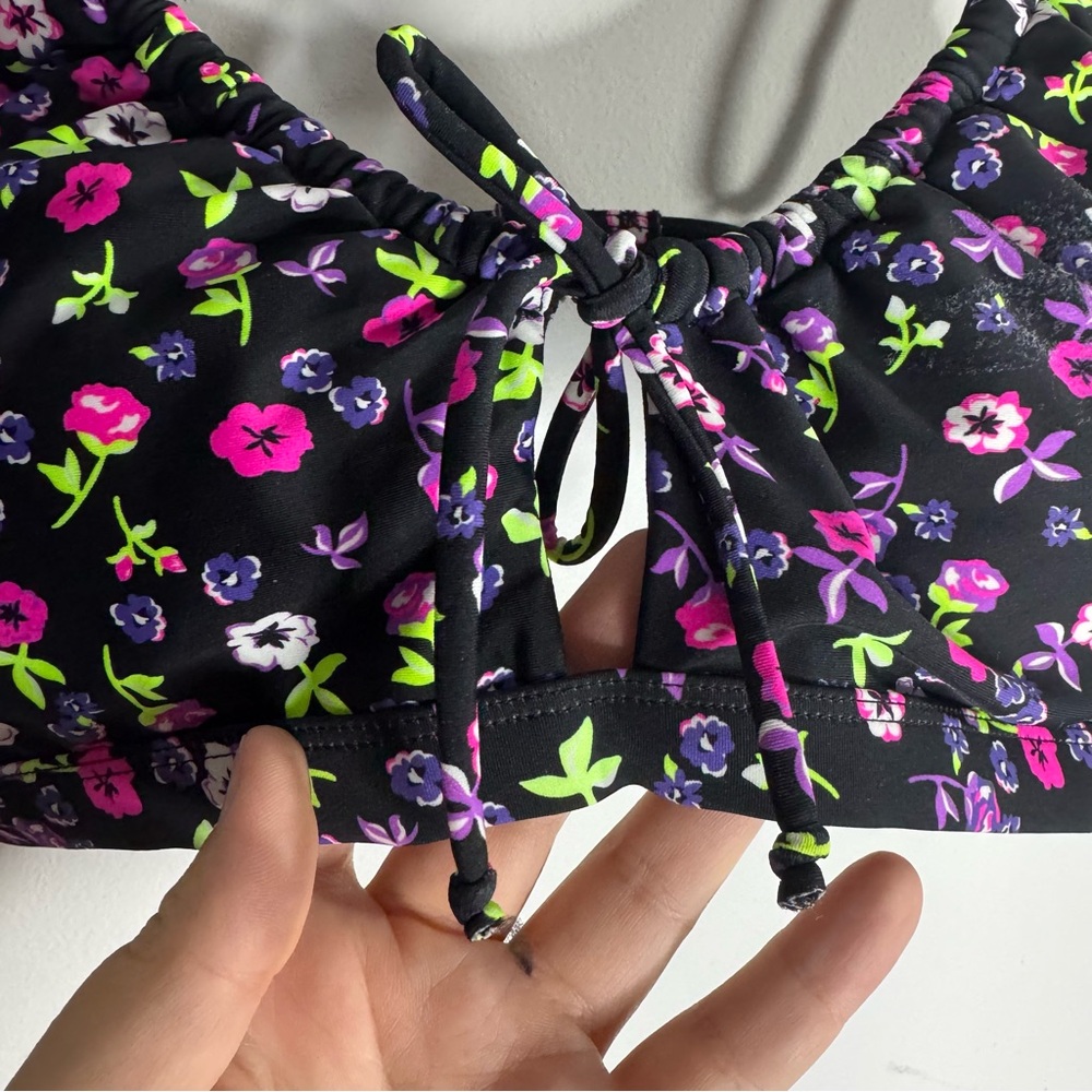 Cyn & Luca Floral Bikini Top XL Black Tie Front Swim - Picture 2 of 6